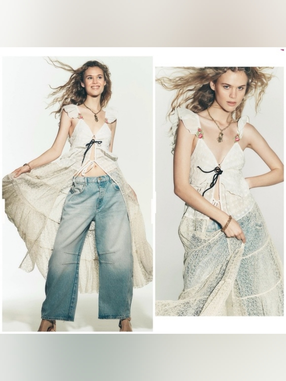 Free People Cream Lace Swim Coverup with Pink Accent Straps